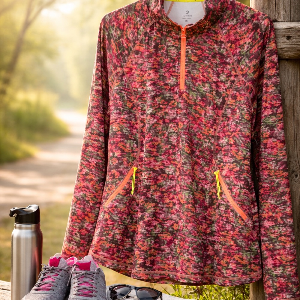 T by Talbots XL Floral Quarter Zip Pullover Neon Zip Active Stretch Top